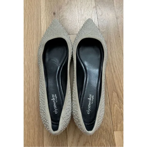 ELYSE WALKER Los Angeles Barbara Studded Suede Pointy Flats in Light Tau…