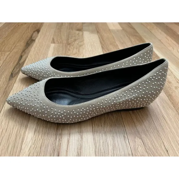 ELYSE WALKER Los Angeles Barbara Studded Suede Pointy Flats in Light Tau…