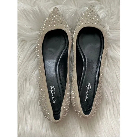 ELYSE WALKER Los Angeles Barbara Studded Suede Pointy Flats in Light Tau…
