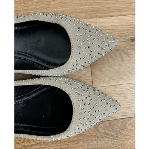 ELYSE WALKER Los Angeles Barbara Studded Suede Pointy Flats in Light Tau…