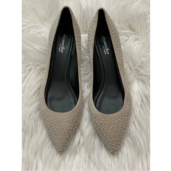ELYSE WALKER Los Angeles Barbara Studded Suede Pointy Flats in Light Tau…