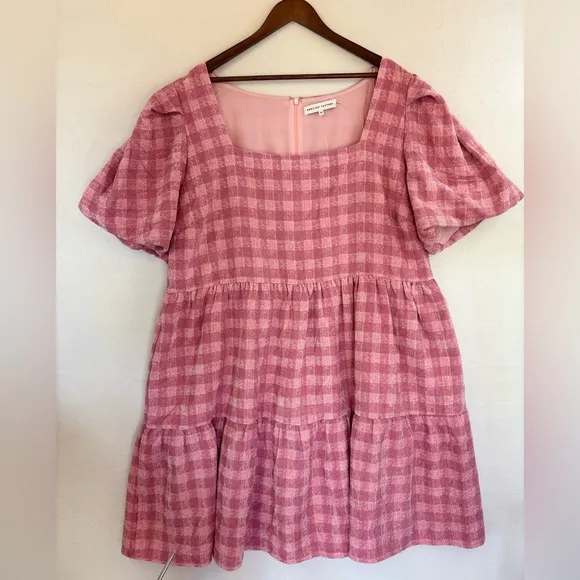 ENGLISH FACTORY Pink Tweed Baby Doll Dress Plaid Sparkle Short Sleeve Barbie 3X