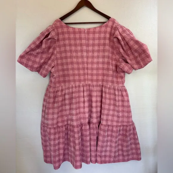 ENGLISH FACTORY Pink Tweed Baby Doll Dress Plaid Sparkle Short Sleeve Barbie 3X