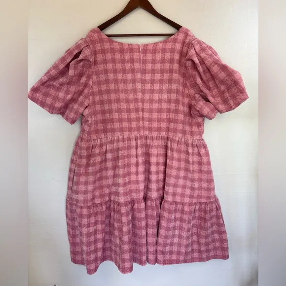 ENGLISH FACTORY Pink Tweed Baby Doll Dress Plaid Sparkle Short Sleeve Barbie 3X