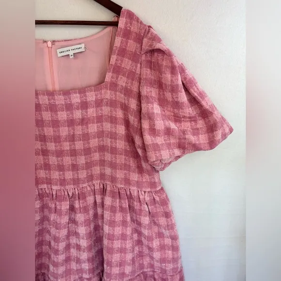 ENGLISH FACTORY Pink Tweed Baby Doll Dress Plaid Sparkle Short Sleeve Barbie 3X