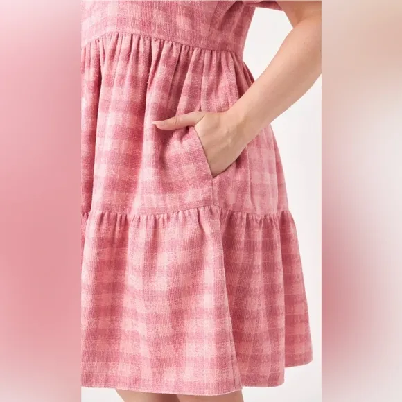 ENGLISH FACTORY Pink Tweed Baby Doll Dress Plaid Sparkle Short Sleeve Barbie 3X
