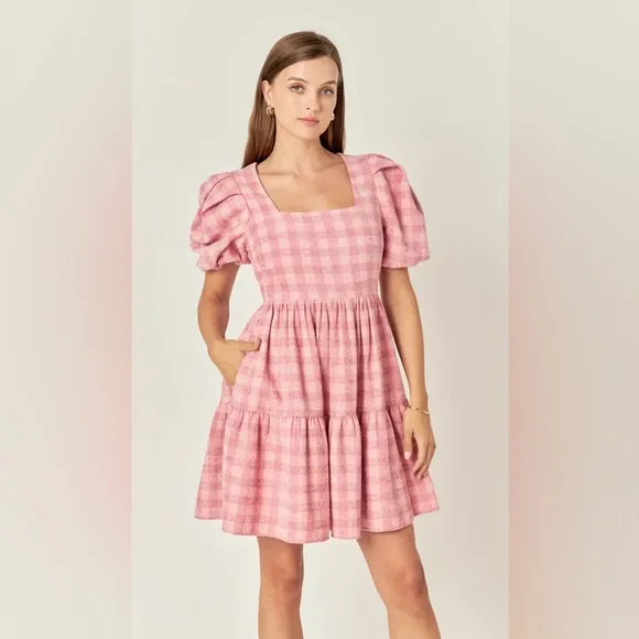 ENGLISH FACTORY Pink Tweed Baby Doll Dress Plaid Sparkle Short Sleeve Barbie 3X