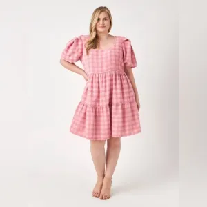 ENGLISH FACTORY Pink Tweed Baby Doll Dress Plaid Sparkle Short Sleeve Barbie 3X