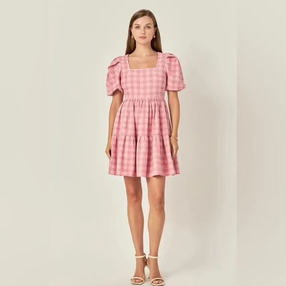 ENGLISH FACTORY Pink Tweed Baby Doll Dress Plaid Sparkle Short Sleeve Barbie 3X