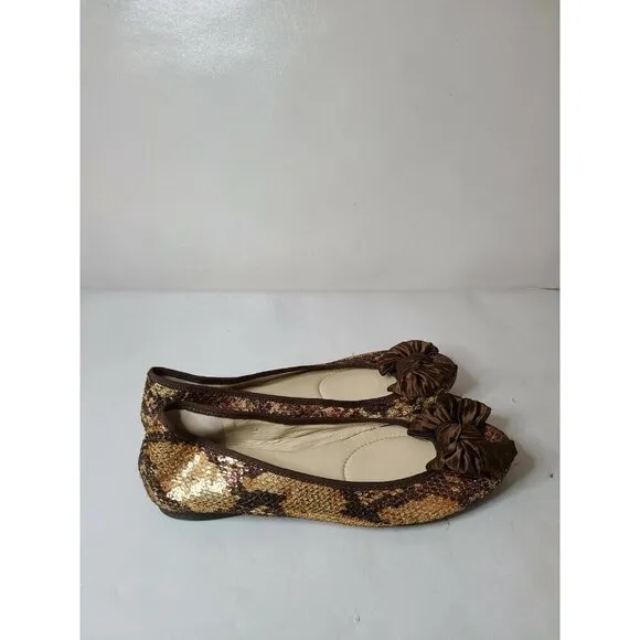 Enzo Angiolini Womens Ballet Flats 9M Brown Snake Skin Sequined Slip On Shoes