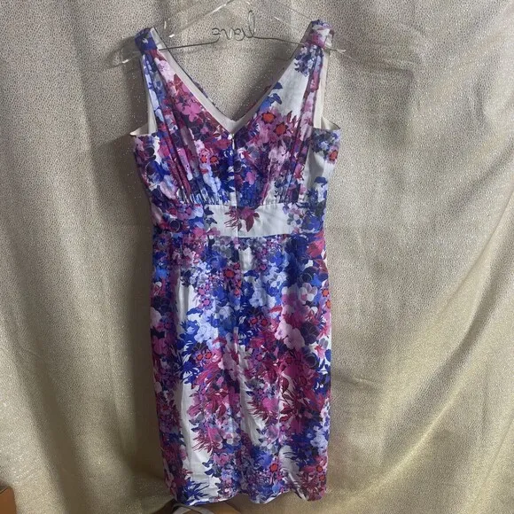 Erdem Sleeveless V-Neck Pink &amp; Blue Floral Sheath Dress Sz 6