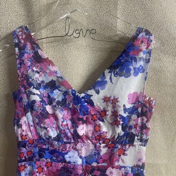 Erdem Sleeveless V-Neck Pink &amp; Blue Floral Sheath Dress Sz 6