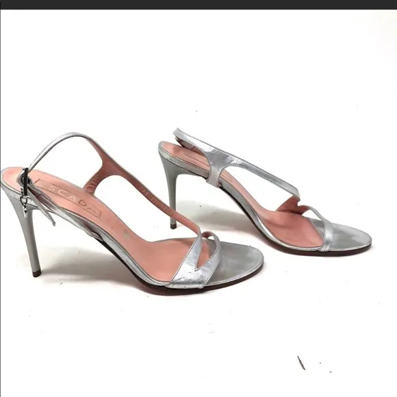 Escada silver leather wedding brides mate minimal strap sandals heels 7