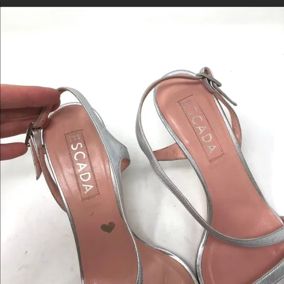 Escada silver leather wedding brides mate minimal strap sandals heels 7