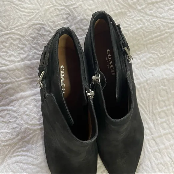 EUC Coach Black Suede Stiletto Ankle Booties | Size 7 | Zip &amp; Buckle Detail