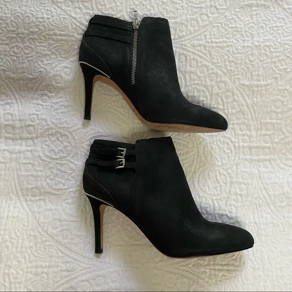 EUC Coach Black Suede Stiletto Ankle Booties | Size 7 | Zip &amp; Buckle Detail