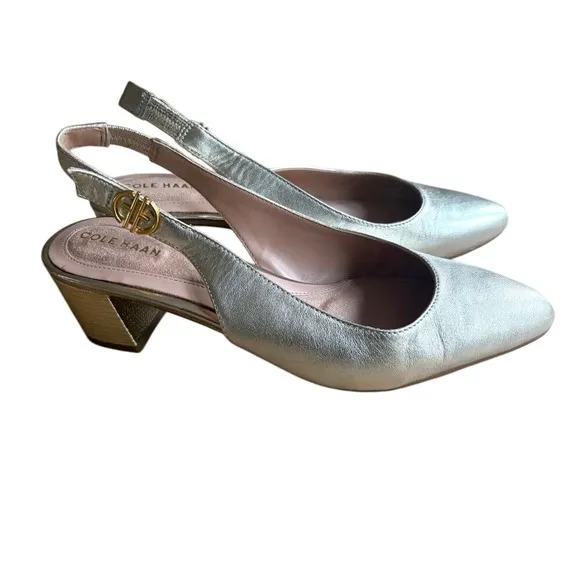 EUC COLE HAAN The Go-To Slingback Pump Gold Leather Pointed Toe Flats SIZE 7.5B‎