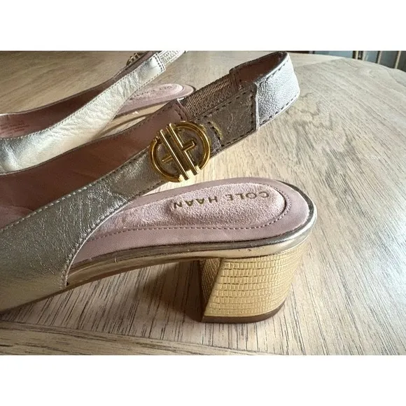 EUC COLE HAAN The Go-To Slingback Pump Gold Leather Pointed Toe Flats SIZE 7.5B‎