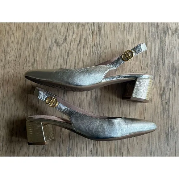 EUC COLE HAAN The Go-To Slingback Pump Gold Leather Pointed Toe Flats SIZE 7.5B‎