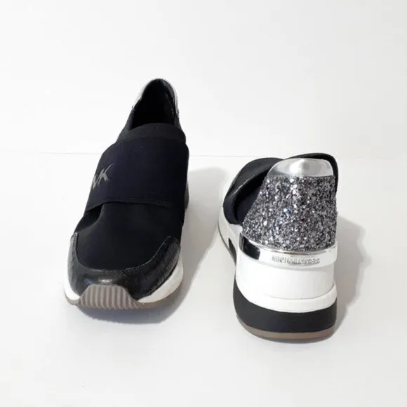 EUC MICHAEL Michael Kors black &amp; white laceless logo sneaker w/ glitter accent 6