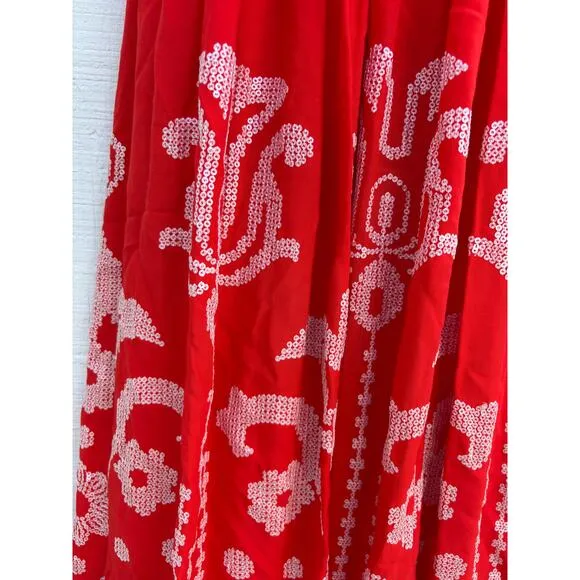 Eva Franco for Anthropologie Red Maxi Dress, White Sequin Embroidery, Sz 4