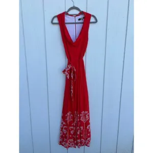 Eva Franco for Anthropologie Red Maxi Dress, White Sequin Embroidery, Sz 4