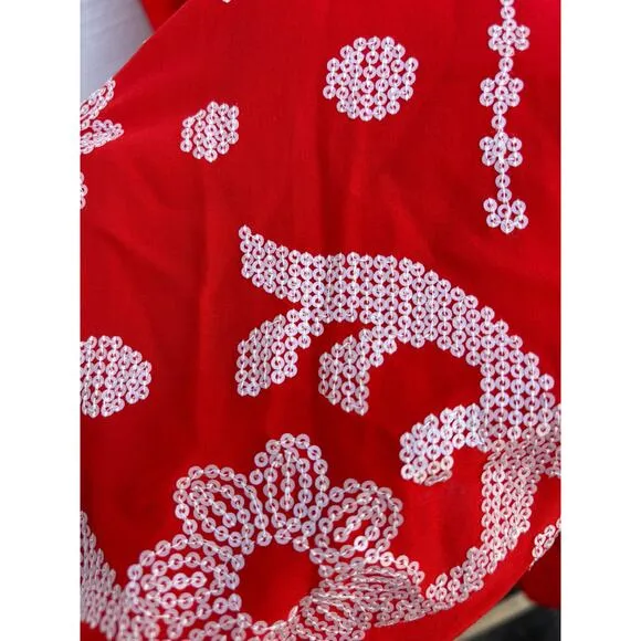Eva Franco for Anthropologie Red Maxi Dress, White Sequin Embroidery, Sz 4