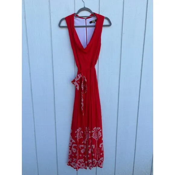 Eva Franco for Anthropologie Red Maxi Dress, White Sequin Embroidery, Sz 4