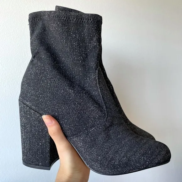 Express  : Black / Silver Glitter Block Heel Booties | NWT