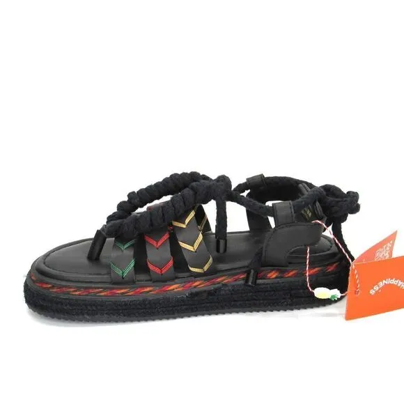 Farm Rio Women’s Black Rope Tie Flatform Sandal in Black  Sz 9