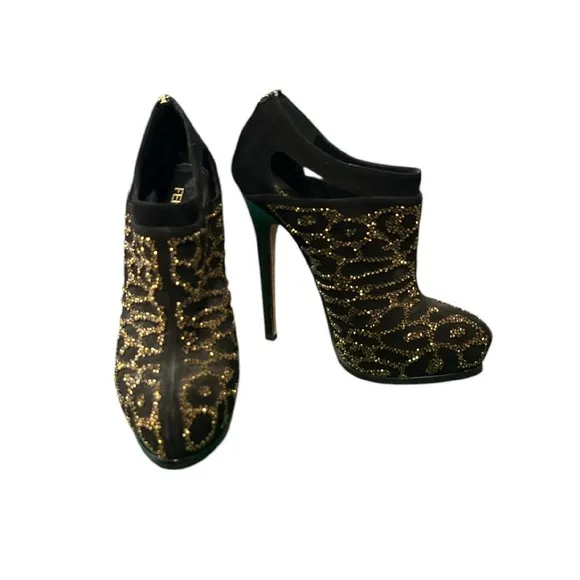 Fendi Suede Gold Embellished‎ Stiletto Ankle Boots Heels Size 37 (US Womens 6.5)