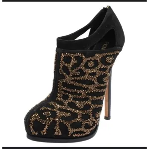 Fendi Suede Gold Embellished‎ Stiletto Ankle Boots Heels Size 37 (US Womens 6.5)
