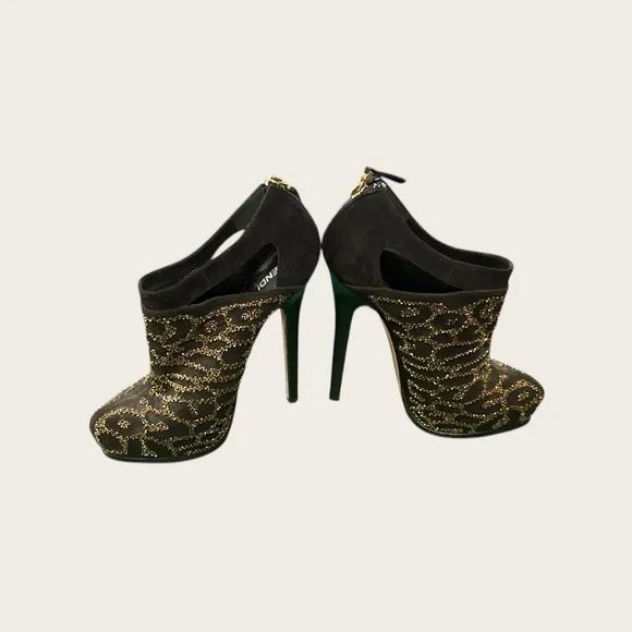 Fendi Suede Gold Embellished‎ Stiletto Ankle Boots Heels Size 37 (US Womens 6.5)