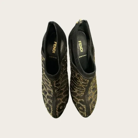 Fendi Suede Gold Embellished‎ Stiletto Ankle Boots Heels Size 37 (US Womens 6.5)
