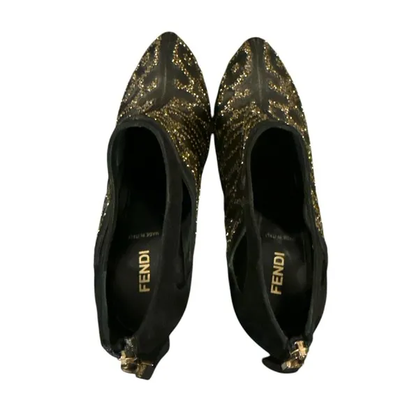 Fendi Suede Gold Embellished‎ Stiletto Ankle Boots Heels Size 37 (US Womens 6.5)