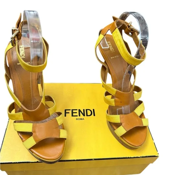 Fendi Yellow Strappy Platform Stilettos Heels in Mimosa/HoneyEU 39.5/ US 8.5
