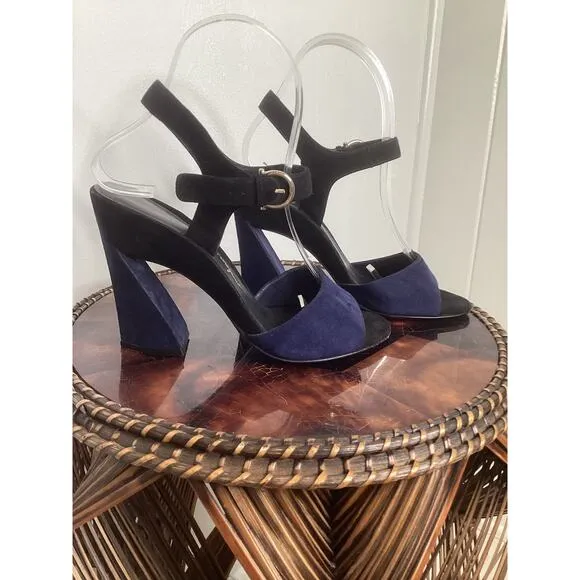 Ferragamo Navy Black Aede Two Toned Suede Sculpted Evening Peep Toe LUX Heels 6