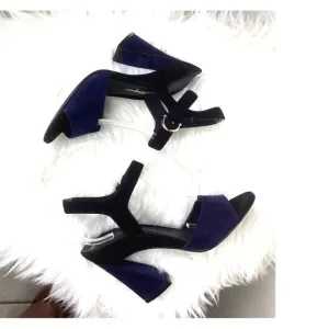 Ferragamo Navy Black Aede Two Toned Suede Sculpted Evening Peep Toe LUX Heels 6