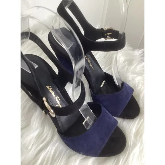 Ferragamo Navy Black Aede Two Toned Suede Sculpted Evening Peep Toe LUX Heels 6