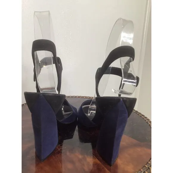 Ferragamo Navy Black Aede Two Toned Suede Sculpted Evening Peep Toe LUX Heels 6
