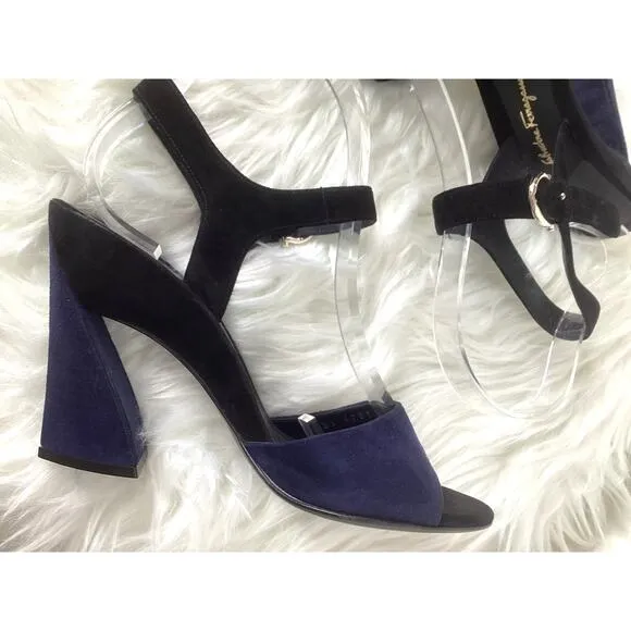 Ferragamo Navy Black Aede Two Toned Suede Sculpted Evening Peep Toe LUX Heels 6