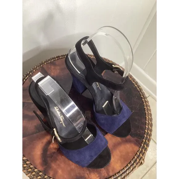 Ferragamo Navy Black Aede Two Toned Suede Sculpted Evening Peep Toe LUX Heels 6