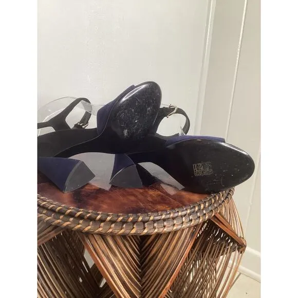 Ferragamo Navy Black Aede Two Toned Suede Sculpted Evening Peep Toe LUX Heels 6