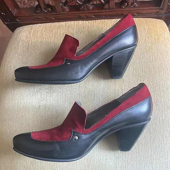 Fidji Black Leather Heels with Burgundy Suede Vamp Retro Pump Shoes EU 40