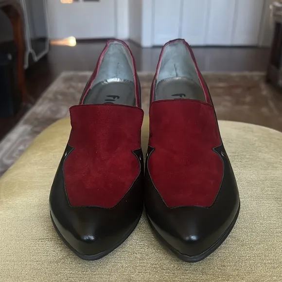 Fidji Black Leather Heels with Burgundy Suede Vamp Retro Pump Shoes EU 40