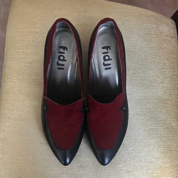 Fidji Black Leather Heels with Burgundy Suede Vamp Retro Pump Shoes EU 40