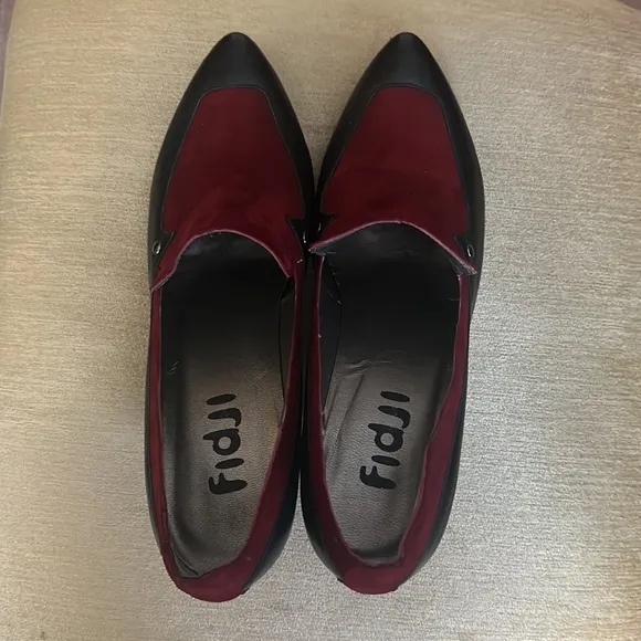 Fidji Black Leather Heels with Burgundy Suede Vamp Retro Pump Shoes EU 40
