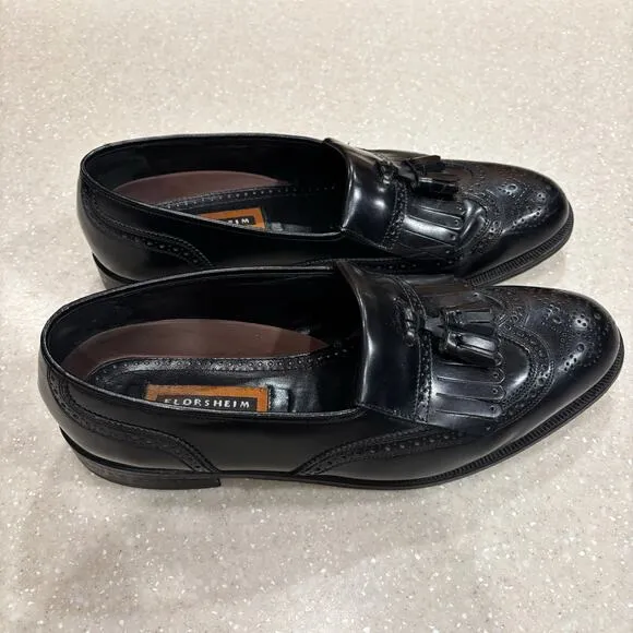 Florsheim Lexington Men's 9.5 Black Leather Western Tassel Wingtip Slip-on Shoes