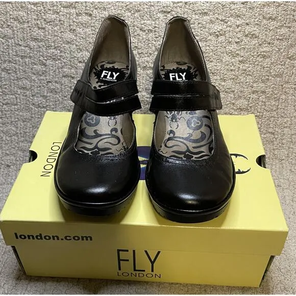 FLY London WOKA095FLY Black Giglio Mary Jane Shoes NIB 41 US 10 Box Pumps Heels