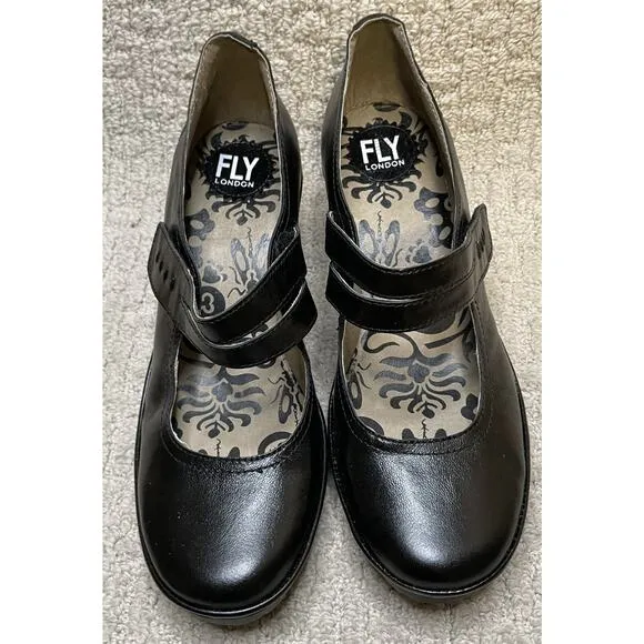 FLY London WOKA095FLY Black Giglio Mary Jane Shoes NIB 41 US 10 Box Pumps Heels